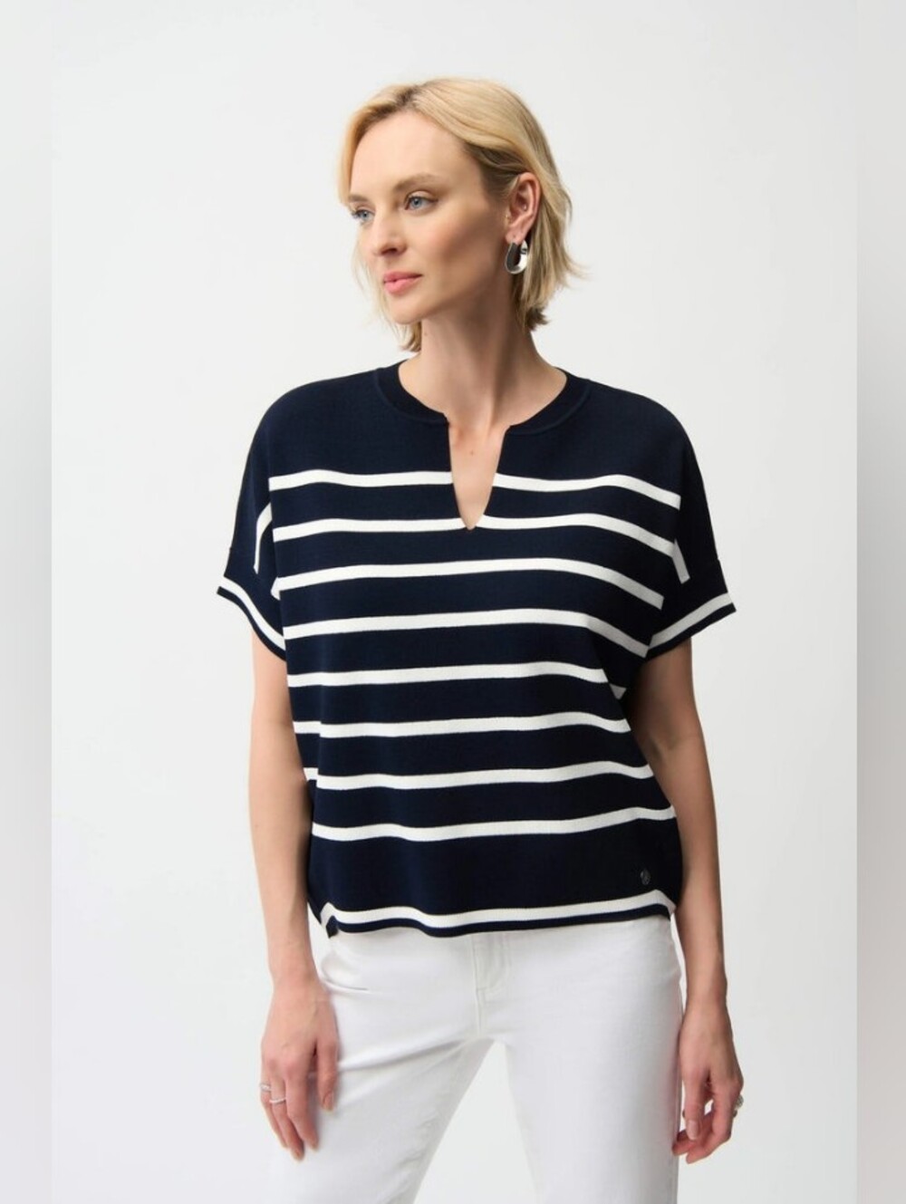 Joseph Ribkoff Striped V-Neck Dolman Sweater Blue White L